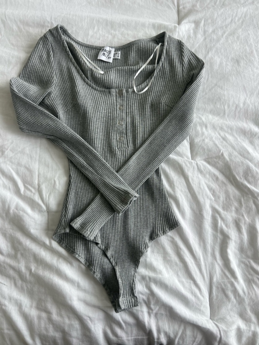 Princess Polly Gray Ribbed Long-Sleeve Henley Bodysuit